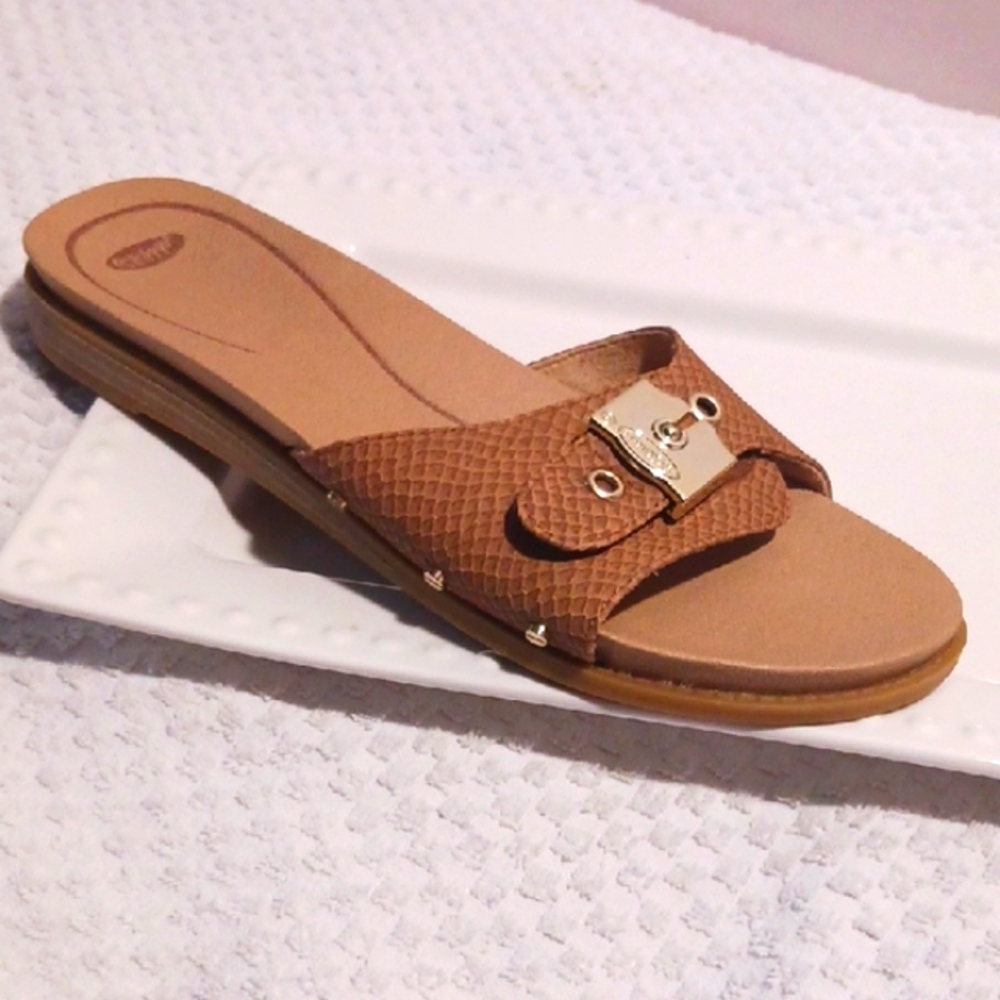 Classic! Dr. Scholl's Tan Slide Sandals with Silver Accents 10 βοΈ - Picture 4 of 13